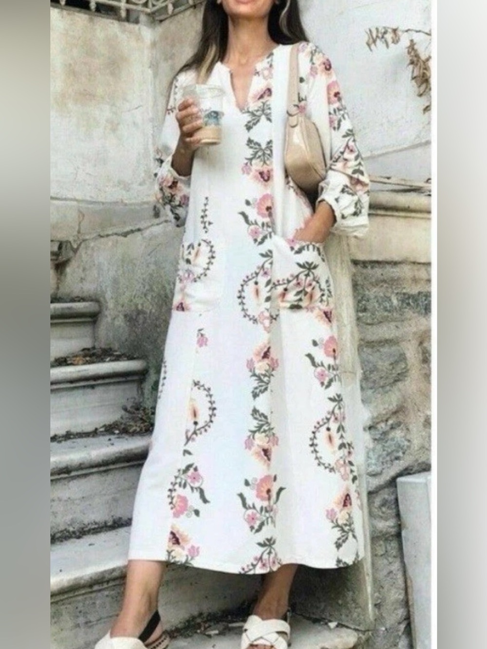 Zara Floral Kaftan Dress Print Midi Linen Cotton Blend Size Small